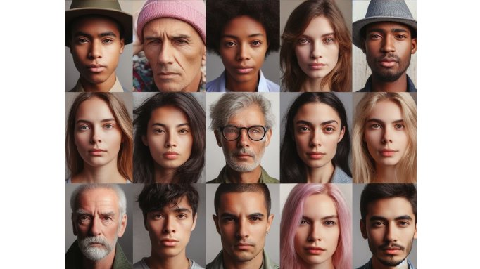 12 faces of various ages, races, genders